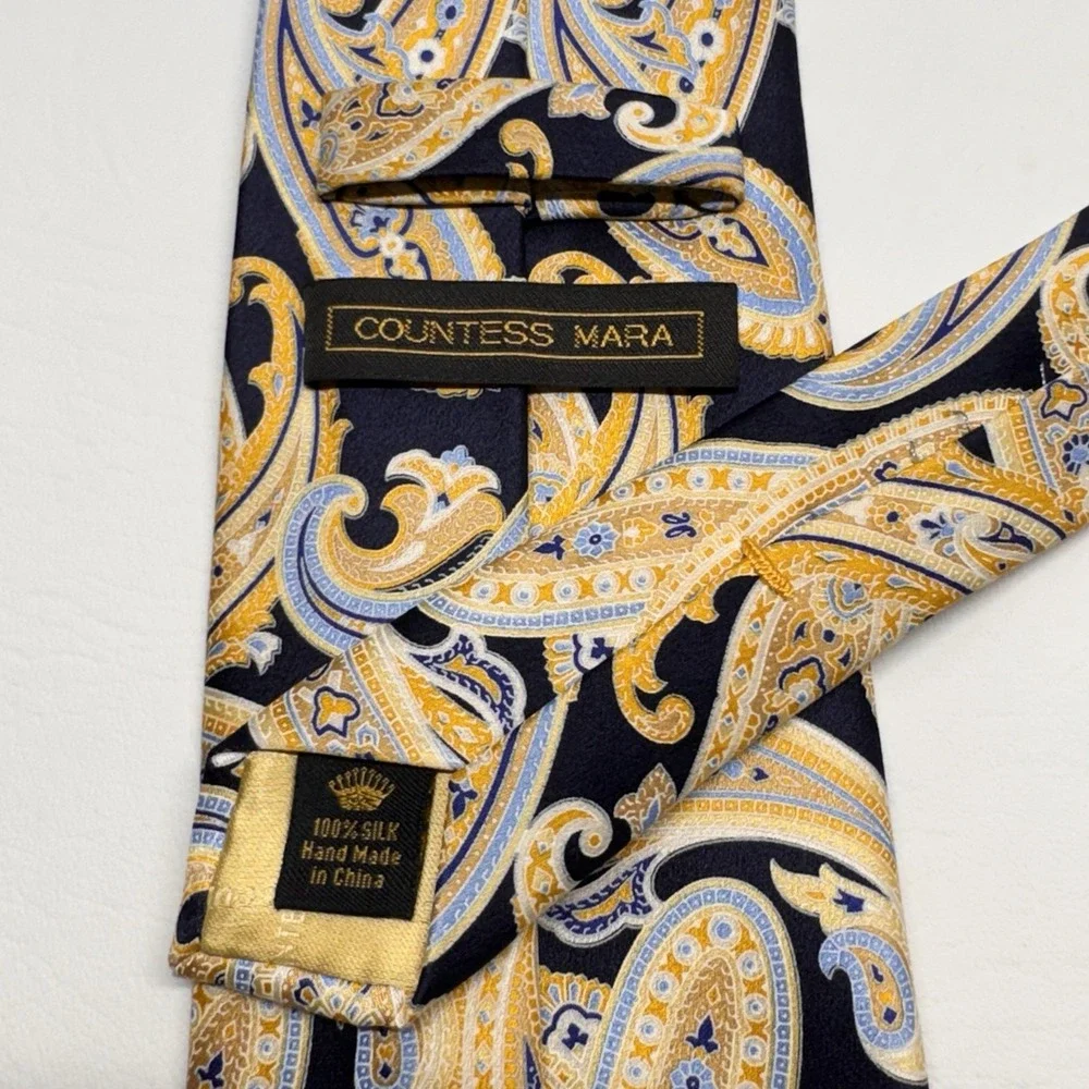 Countess Mara‎ Mens Navy Blue Gold Paisley 100% Silk Hand Made Necktie Tie